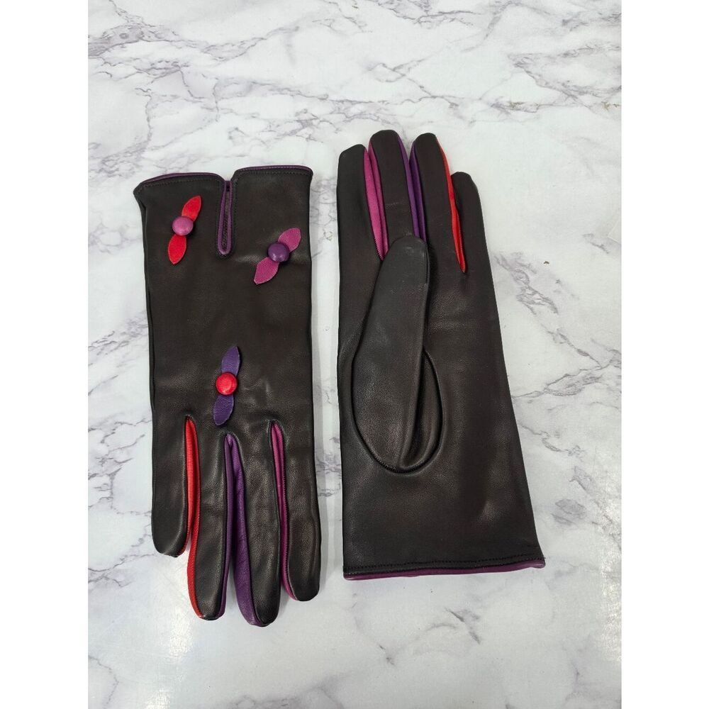 Vintage Black Leather Gloves with Purple & Red Accent Dress Or Driving Gloves